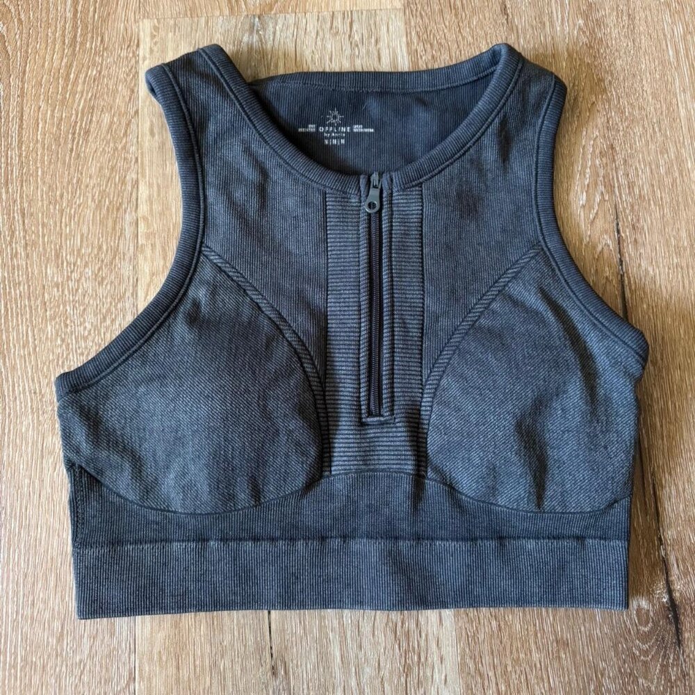 Aerie Charcoal Gray moto style zipper sports bra high neck top size‎ M